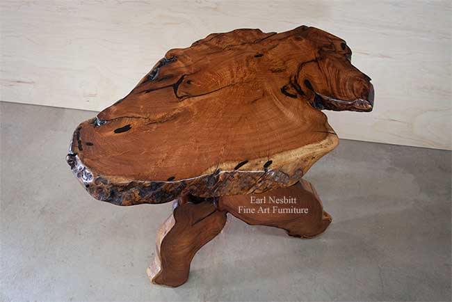 live edge end table showing figured mesquite top